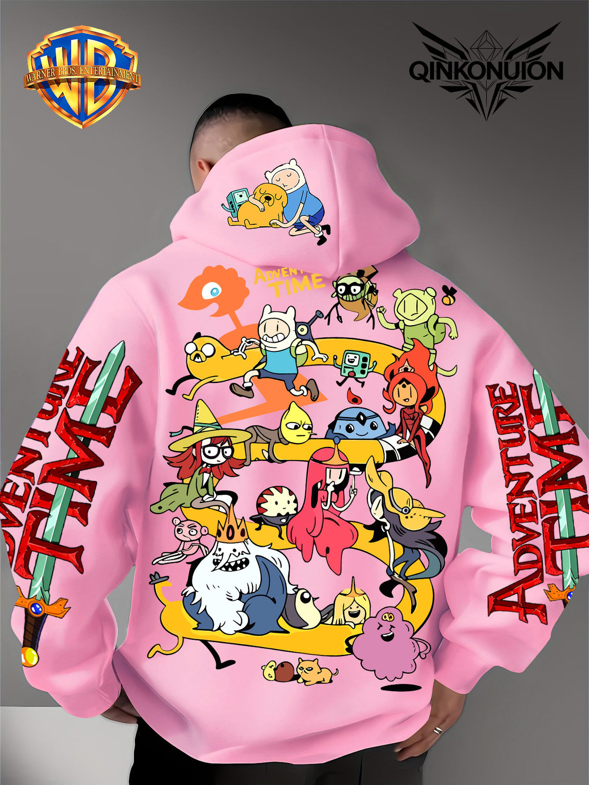 Warner Official Men's Hoodie, Adventure Treasure Full Character Gathering Adventure Print Design, Machine Washable, Warm and Casual for Autumn and Winter, Daily Drawstring Hoodie, Multifunctional Sports and Casual Loose Fit - Pink Color