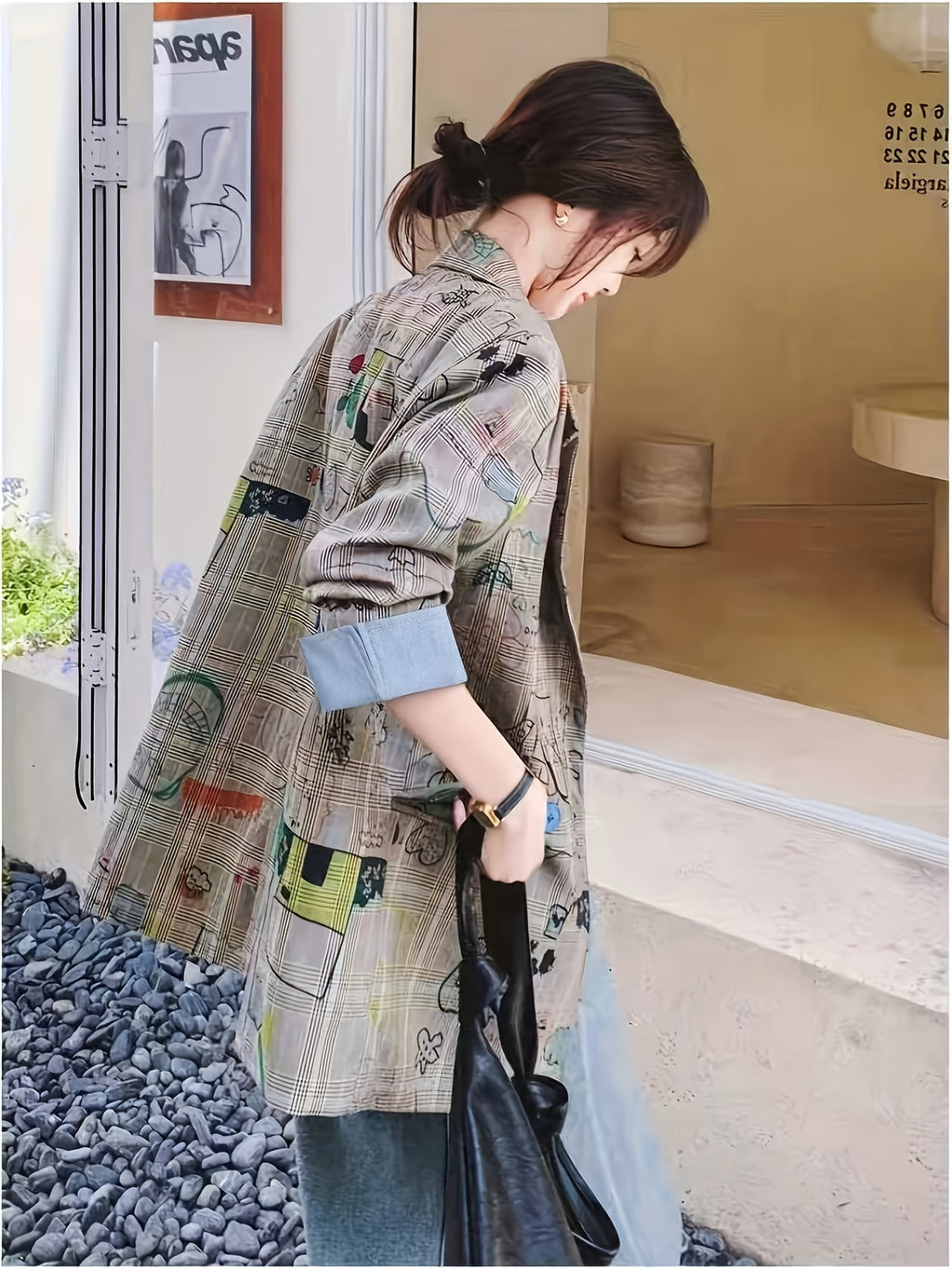 Gray Checkered Suit Jacket Design-Driven Street Style Loose Casual Graffiti Print Blazer - Multicolor