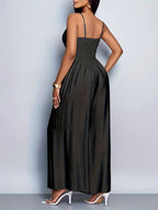 Women'S Draped Front Lace Up Backless Wide Leg Cami Jumpsuit | Elegant Solid Color, Sleeveless, Long Length, Suitable for Everyday Wear & Vacation - Black