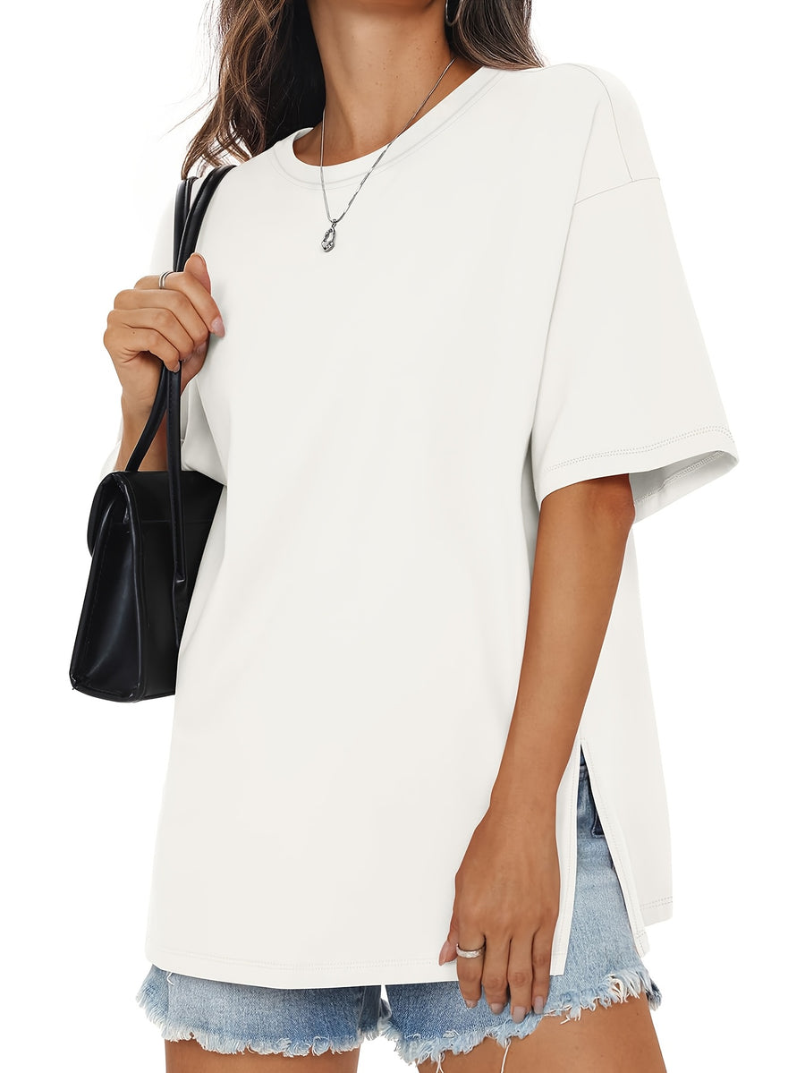 Oversized Women's Comfortable Basic Shirt with Round Neck, Casual Side Slit Top, Fashionable Loose Fit Short Sleeve T-Shirt - White