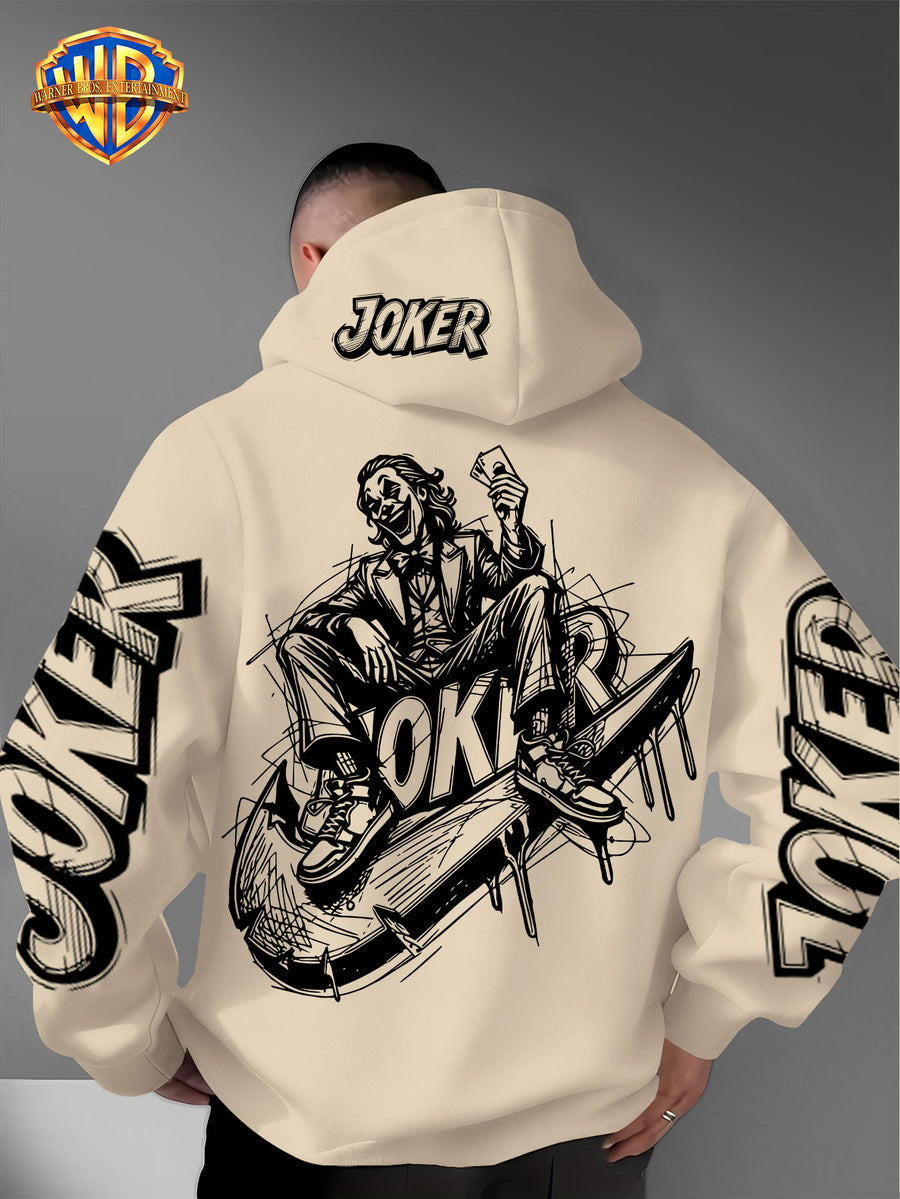 Authorized by Warner Bros., Joker Graffiti Style Print, Hat Design Pattern, Multi-Functional Street Style Men'S Hoodie, Comfortable Casual, Suitable for Autumn And Winter - Apricot