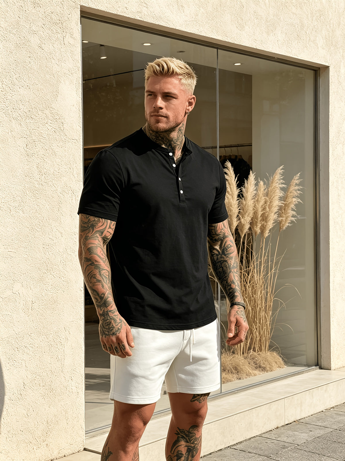 Summer New Fashion Athletic Button-Up Men'S Top Short Sleeve Autumn Casual Comfortable Trendy All-Match Style - Black