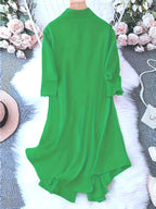 Ladies Mid-Length Shirt | Casual Long Shirt With Lapel Collar, Three Quarter Length Roll-Up Sleeves, Flared Hem, Button Details, Single Breasted Placket, Loose Fit For Weekend Casual - Emerald Green