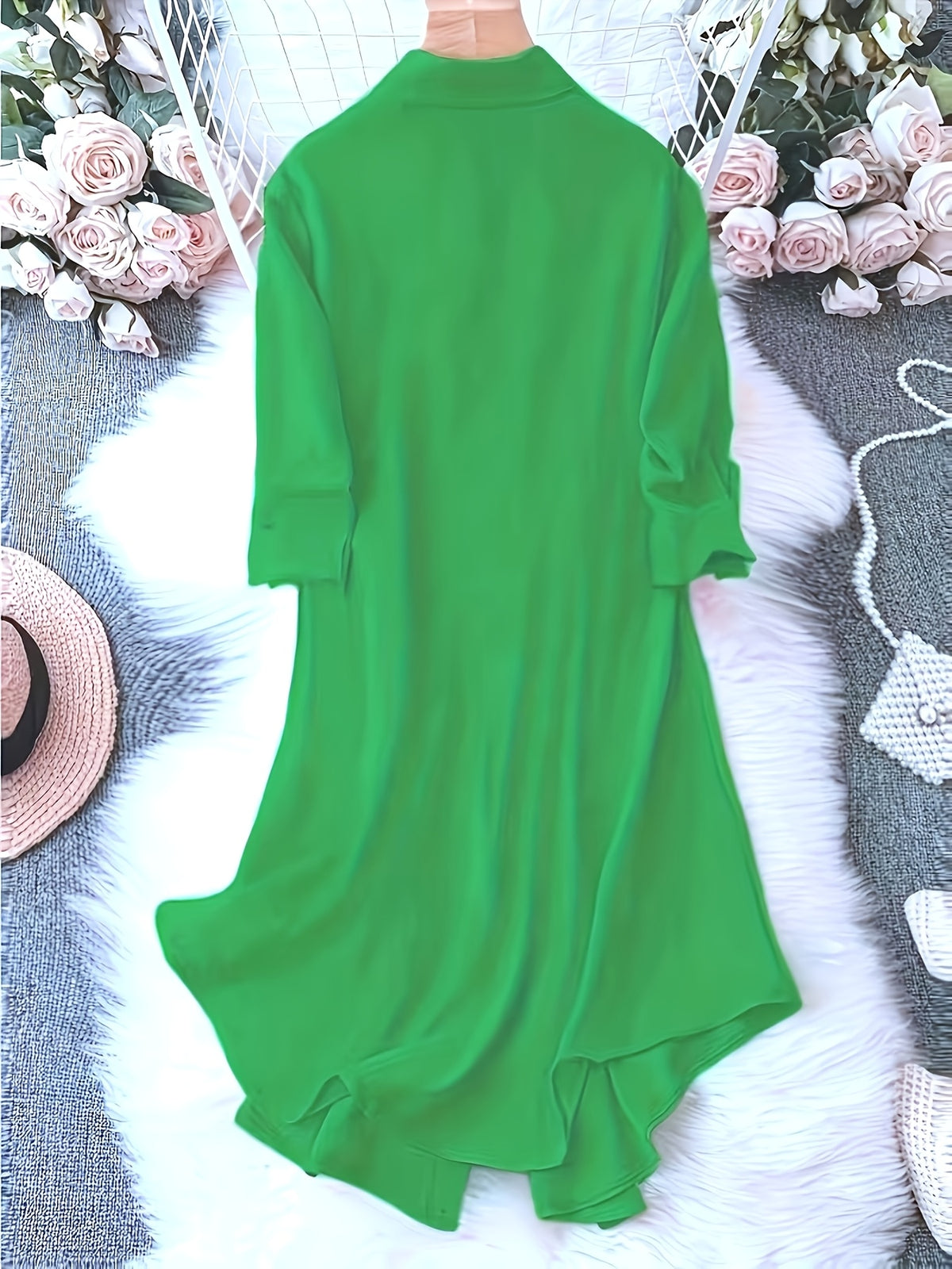 Ladies Mid-Length Shirt | Casual Long Shirt With Lapel Collar, Three Quarter Length Roll-Up Sleeves, Flared Hem, Button Details, Single Breasted Placket, Loose Fit For Weekend Casual - Emerald Green