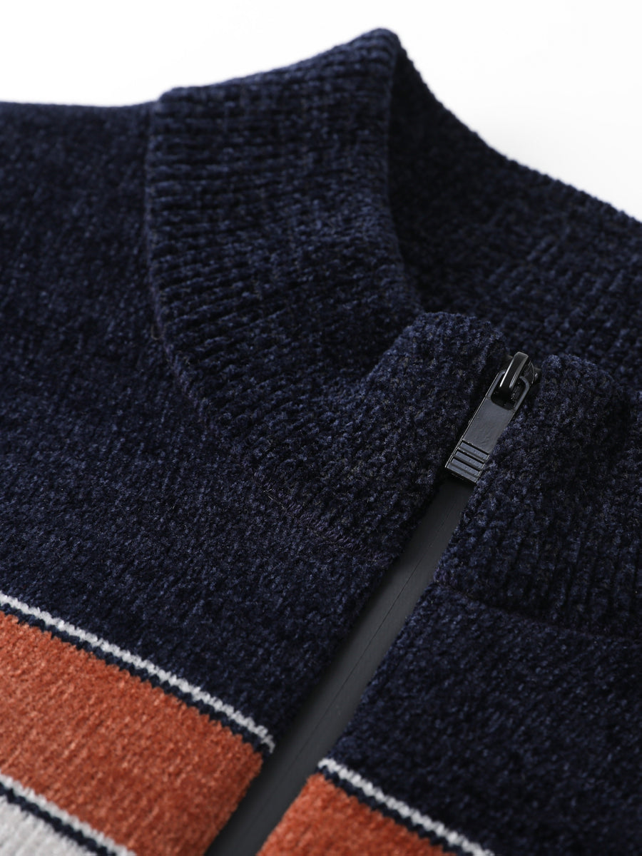 Autumn And Winter Men'S Sweater with Fleece, Half-Zipper Collar, Contrasting Color Stripes, Long-Sleeved Men'S Knit Pullover, Casual And Versatile, Warm Top Suitable for Daily Commuting, Going Out, Shopping - Navy Color