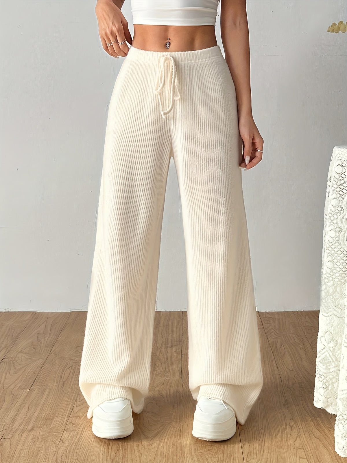 Women's Solid Color Straight Leg Loose Casual Sports Pants, New Style Ribbed Long Pants for Morning/Evening Run, Outing, Home, Perfect Choice for All Seasons, Machine Washable - Apricot