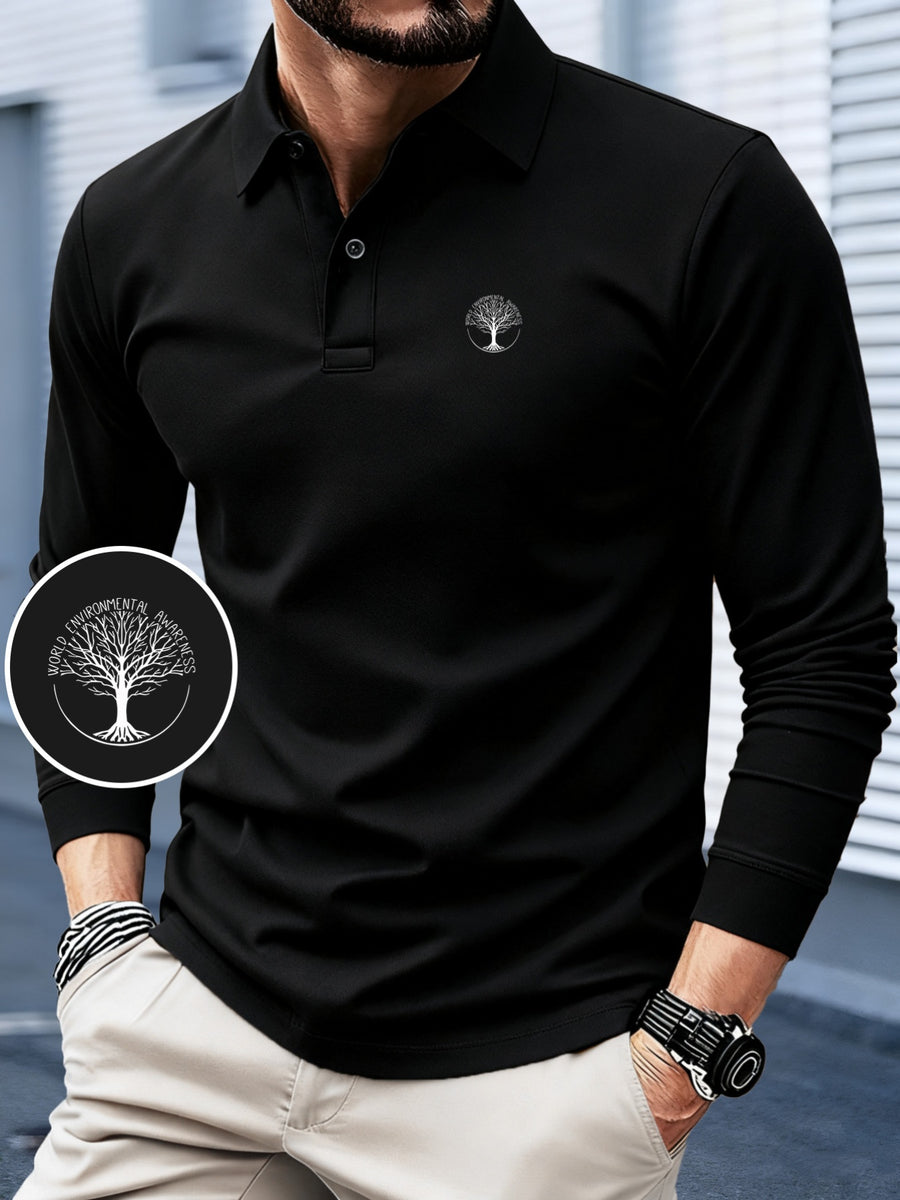 HC2-3493# Tree of Life Minimalist Fashion Pattern Print, 2025 Autumn And Winter New Long-Sleeved POLO Shirt, Color-Blocking Design, Fashionable And Advanced, Lapel Top, Comfortable And Breathable Fabric, Wrinkle-Resistant And Anti-Pilling - Black