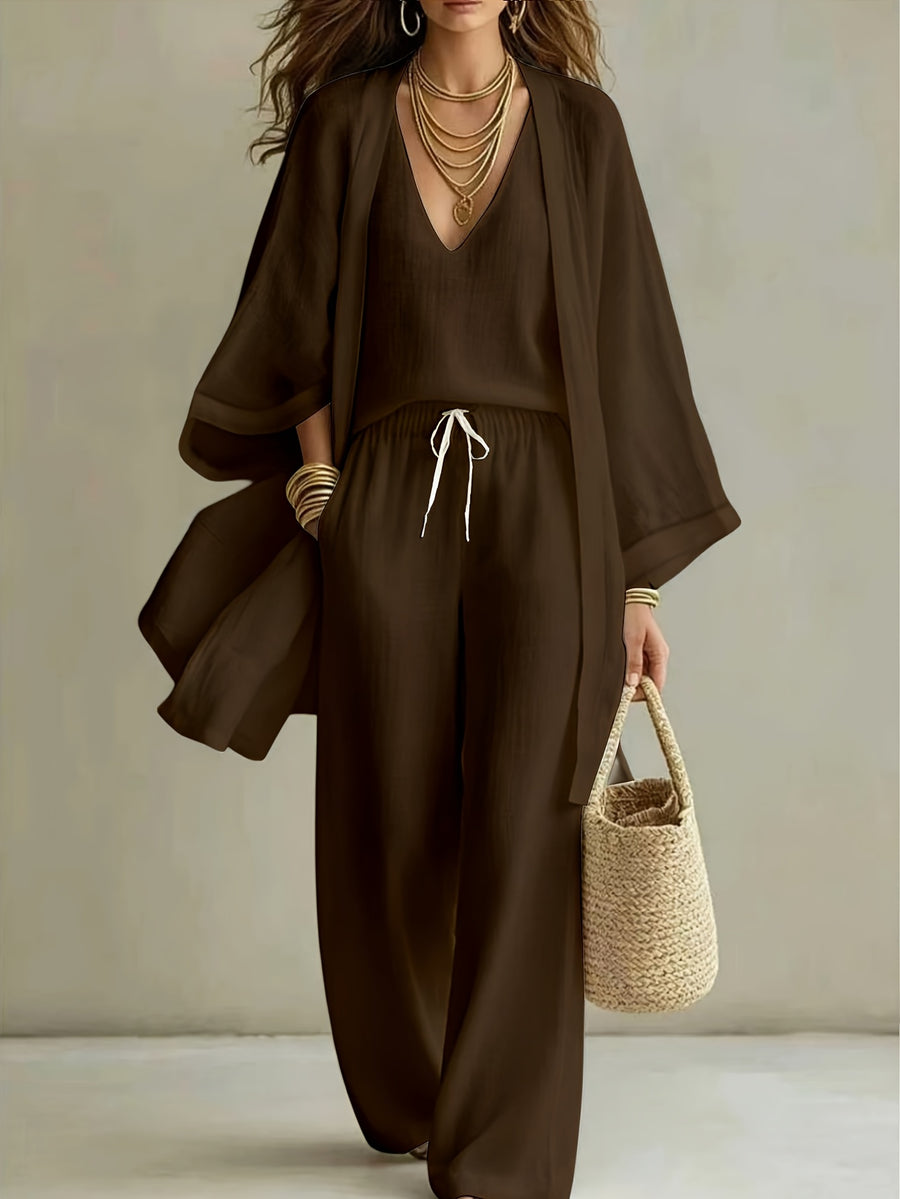 3pcs Set, Women's Spring/summer Vacation-style Loose Spaghetti Strap Tank Top with Cardigan and Loose Wide-leg Pants Casual Set, Elegant and Fashionable, Comfortable and Casual, Suitable for Commuting Wear - Coffee Color