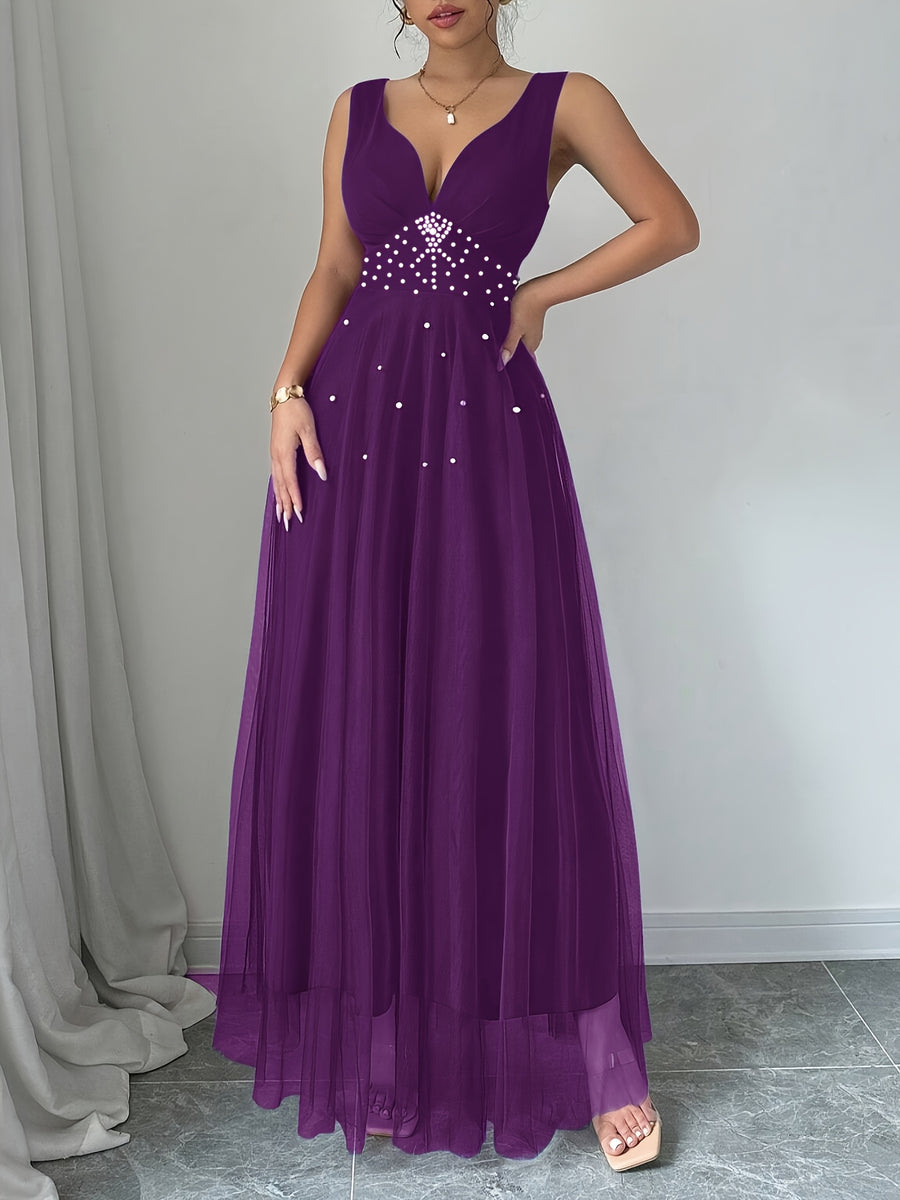Summer Women'S Elegant Dress Mesh Stitching White Bubble Bead Multi-Layer Super Large Swing Sleeveless Summer Long Evening Dress Suitable for Party Dinner Wedding Wear Elegant Dress Wedding Party Dress - Violet Blue