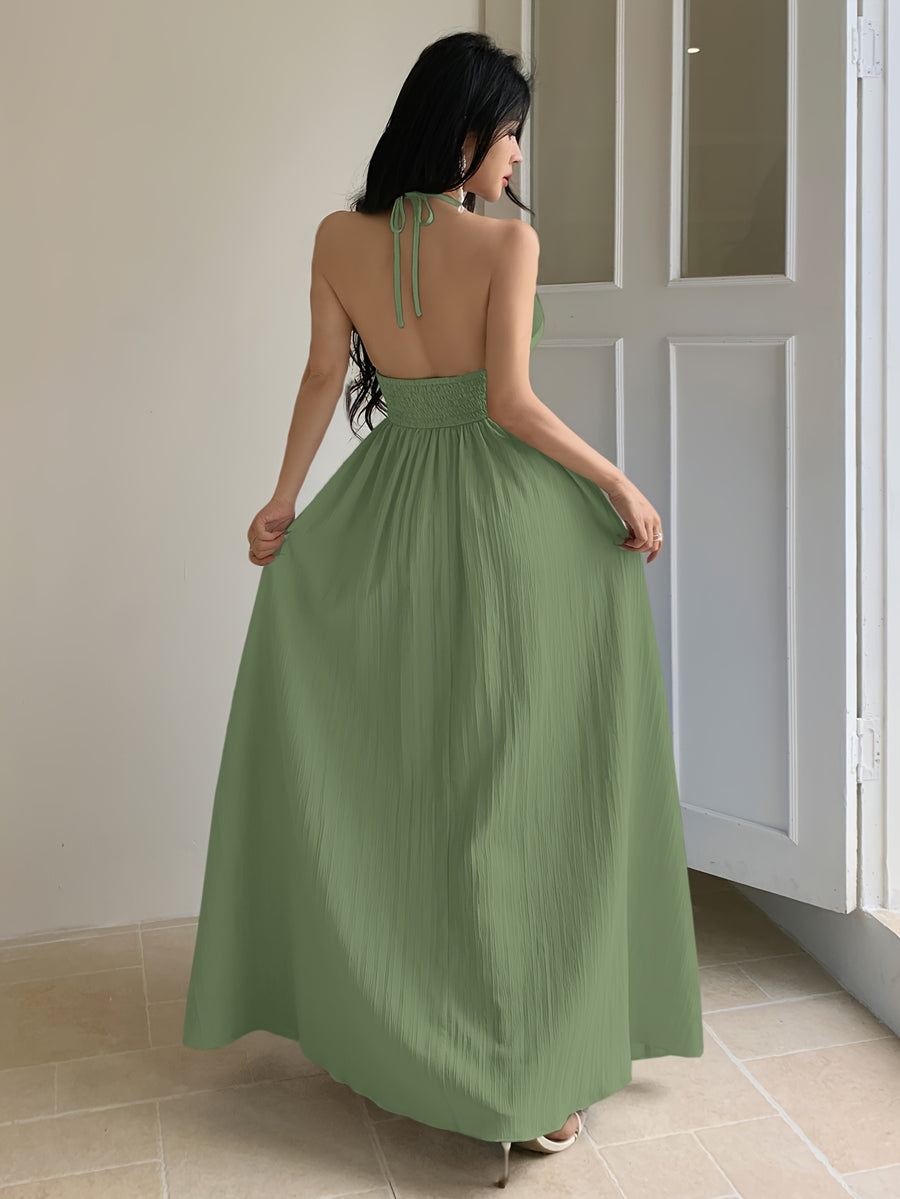 2026 Summer New Bohemian Embroidered Backless Dress, V-Neck Halter Skirt with Flared Hem, French Retro Socialite Vacation Style Long Dress - Military Green