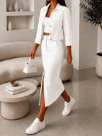 Autumn Winter Women'S Skirt And Jacket Two-Piece Set, Slit Midi Skirt And Short Jacket Long Sleeve Outerwear - White
