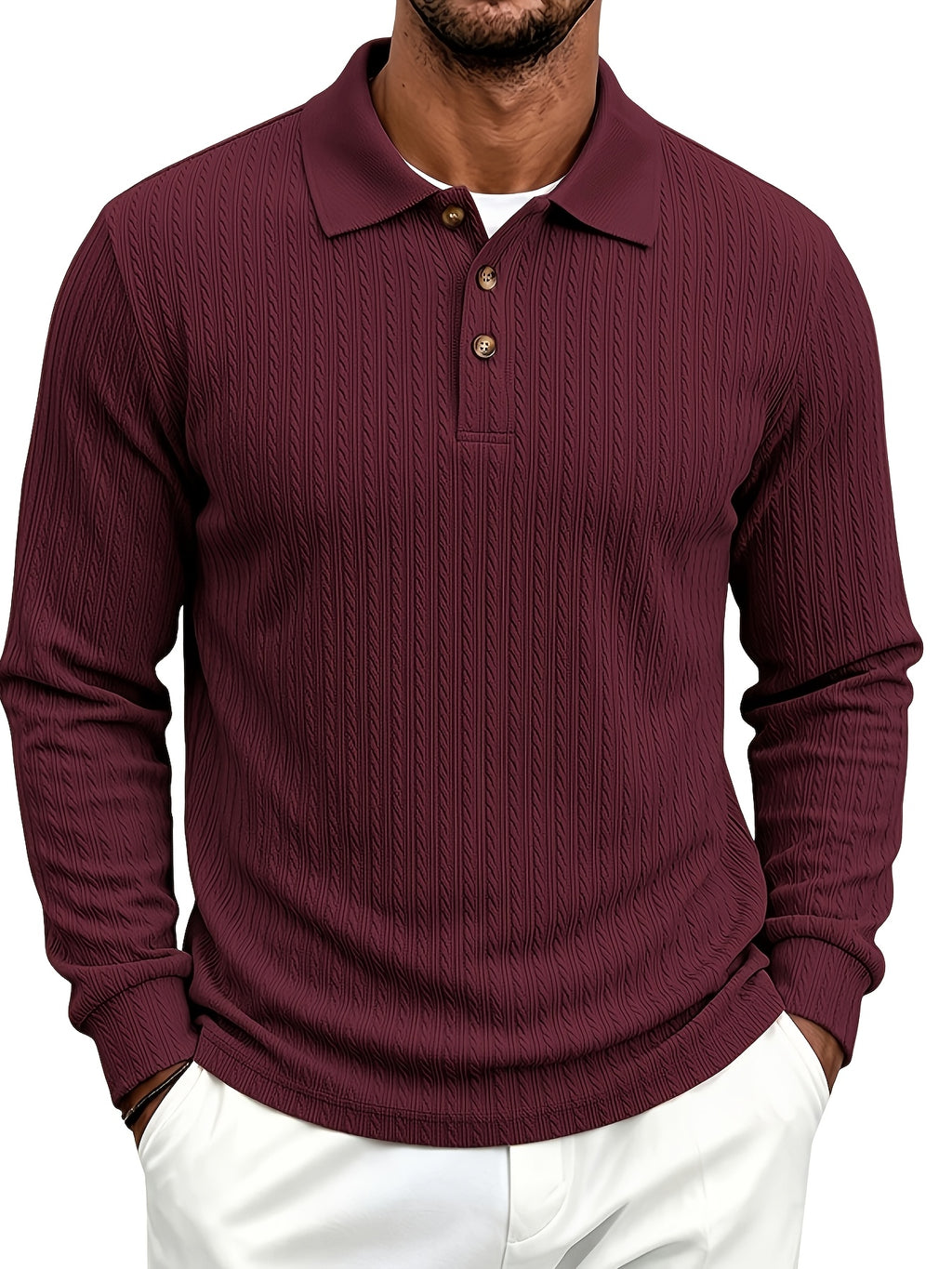 Spring/Autumn Men'S Long Sleeve Polo Shirt, High-Elastic Textured Vertical Rib Jacquard Collar T-Shirt, Business Casual Slim Fit Versatile Solid Color Pullover Top - Burgundy