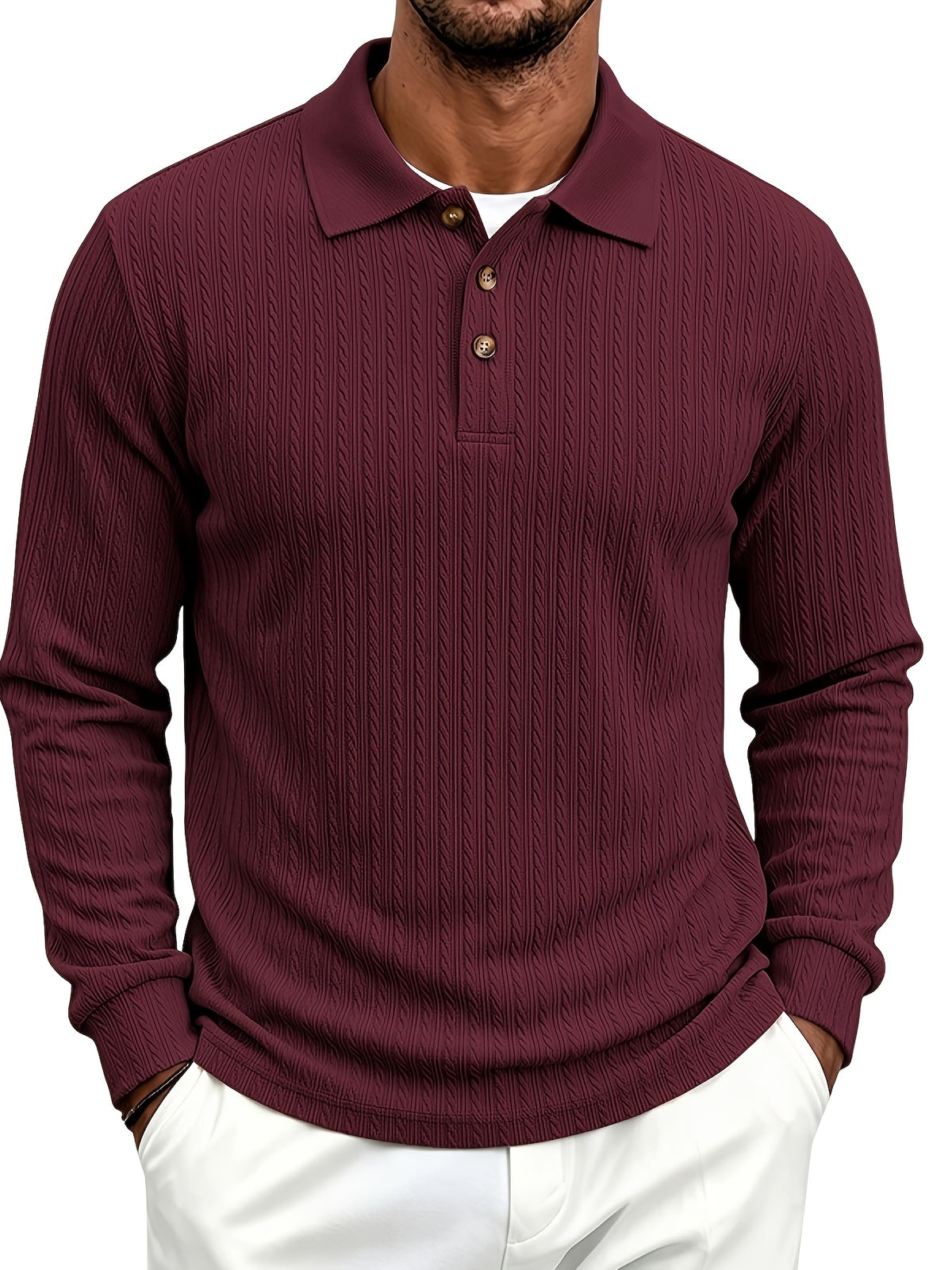 Spring/Autumn Men'S Long Sleeve Polo Shirt, High-Elastic Textured Vertical Rib Jacquard Collar T-Shirt, Business Casual Slim Fit Versatile Solid Color Pullover Top - Burgundy
