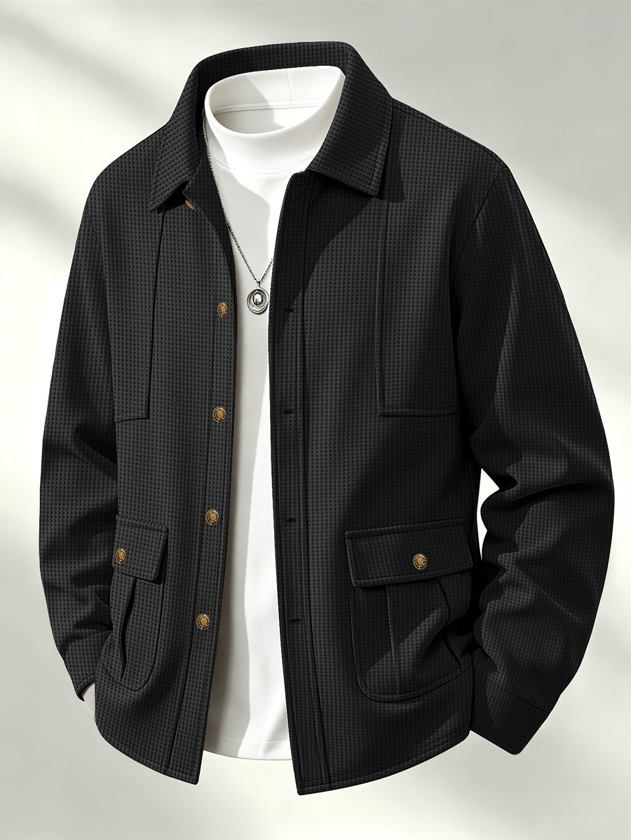 Men'S New Fall Winter Waffle Knit Shirt Jacket with Lapel, Multi-Pocket Button-Front Cargo Jacket - Black
