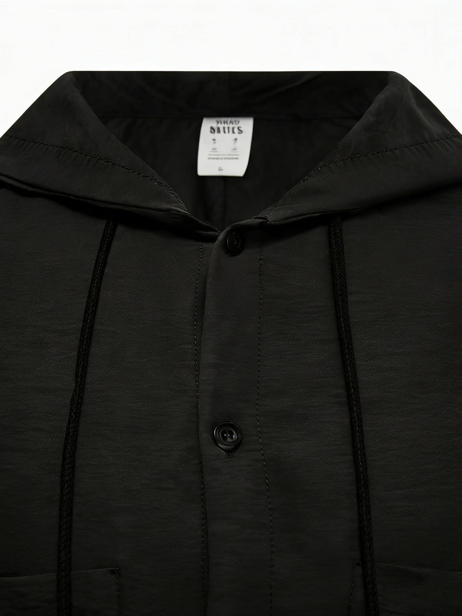 Men's Hooded Long-sleeve Shirt with a Unique Drawstring Hood Design, Breathable Fabric, and a Loose, Comfortable Fit, a Simple and Versatile Top for Casual Attire - Black