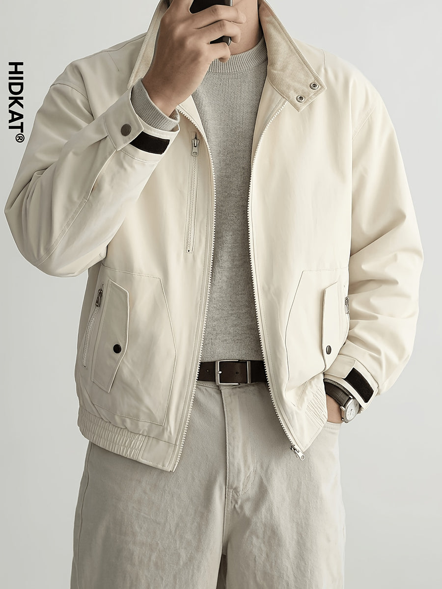 HIDKAT Men's Bomber Jacket with Contrast Collar & Zipper Pockets - Windproof Relaxed Fit Bomber Jacket Suitable for Streetwear, Aviation-Themed Outerwear, Machine Washable Zipper Closure Jacket with Stand Collar (No Transparency) - White