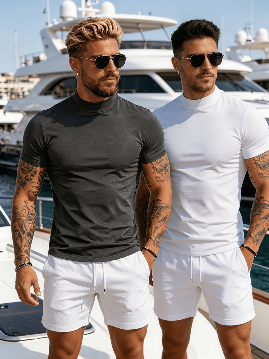 2pcs Spring/Summer New Arrival Men's Tops, Fashionable Sporty Mid-High Neck Short Sleeve Outerwear, Casual, Comfortable, Lightweight, Skin-Friendly, Trendy, Versatile, Refreshing, and Durable - Mix color 5