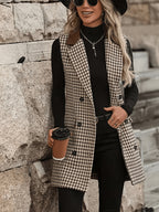1pc Women'S Houndstooth Suit Vest - Mid-Length Sleeveless Jacket, Contrast Lapel, Button-Front Closure - Suitable for Commute, Office to Party Wear, Machine Washable, Spring/Fall/Winter - Versatile Elegant Women'S Teacher Outfit, Mom Wear - Coffee Brown