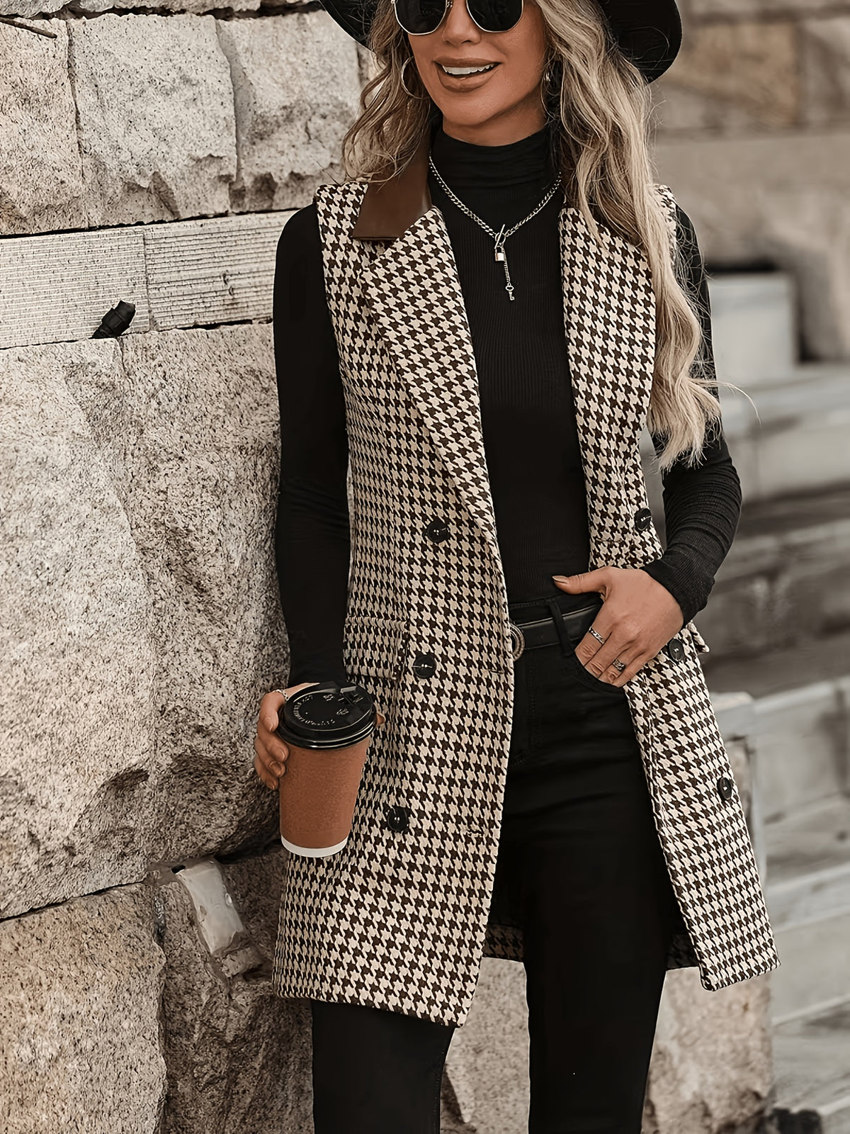 1pc Women'S Houndstooth Suit Vest - Mid-Length Sleeveless Jacket, Contrast Lapel, Button-Front Closure - Suitable for Commute, Office to Party Wear, Machine Washable, Spring/Fall/Winter - Versatile Elegant Women'S Teacher Outfit, Mom Wear - Coffee Brown