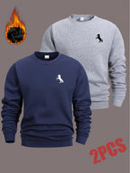Men'S Crew Neck Sweatshirt 2-Pc, Fleece-Lined And Thickened Sweatshirt, Men'S Casual And Fashionable Top, Can Be Worn Inside Or Outside, Stylish Small Horse Logo Pattern - Navy Blue+Light Grey