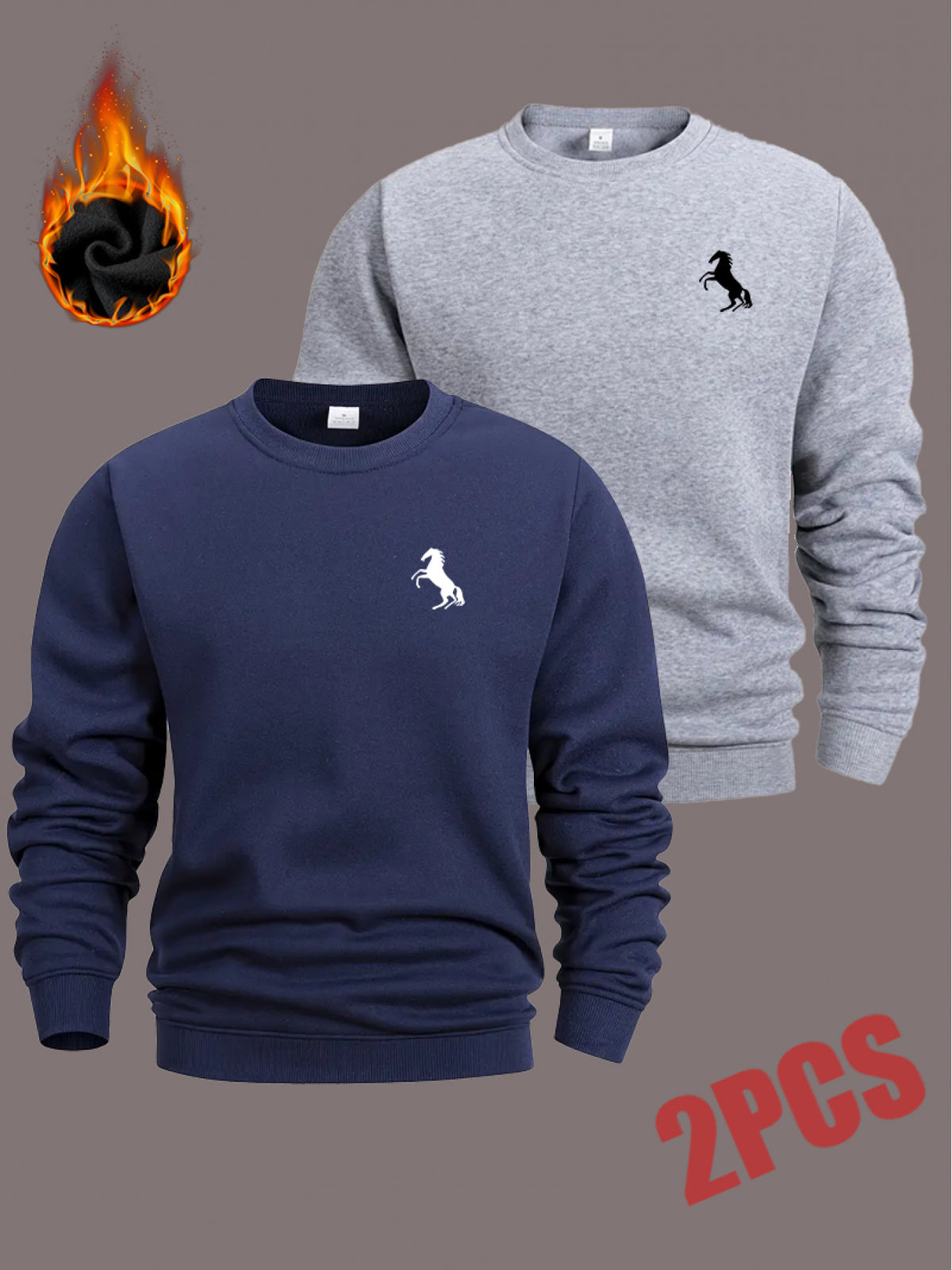 Men'S Crew Neck Sweatshirt 2-Pc, Fleece-Lined And Thickened Sweatshirt, Men'S Casual And Fashionable Top, Can Be Worn Inside Or Outside, Stylish Small Horse Logo Pattern - Navy Blue+Light Grey