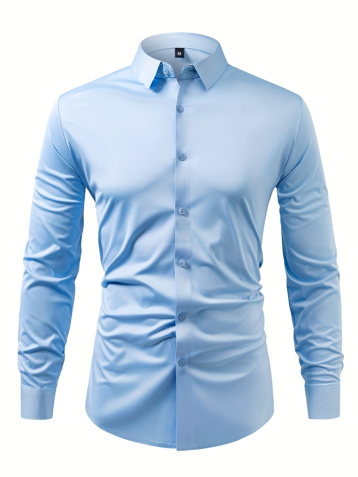 2pcs Set of Seamless Pressure Adhesive High-Elasticity Non-Iron Men'S Dress Shirt Long Sleeve Business Casual Formal Top, Material 88% Polyester 12% Spandex, Fabric Weight 160G, Casual - Blue+blue