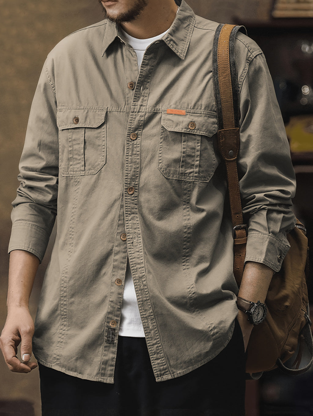 Men's Workwear Long-Sleeve Shirt, American-Style Spring/Autumn Multi-Pocket Casual Lightweight Outdoor Turn- Collar Shirt for Young and Middle-Aged Men - Camel