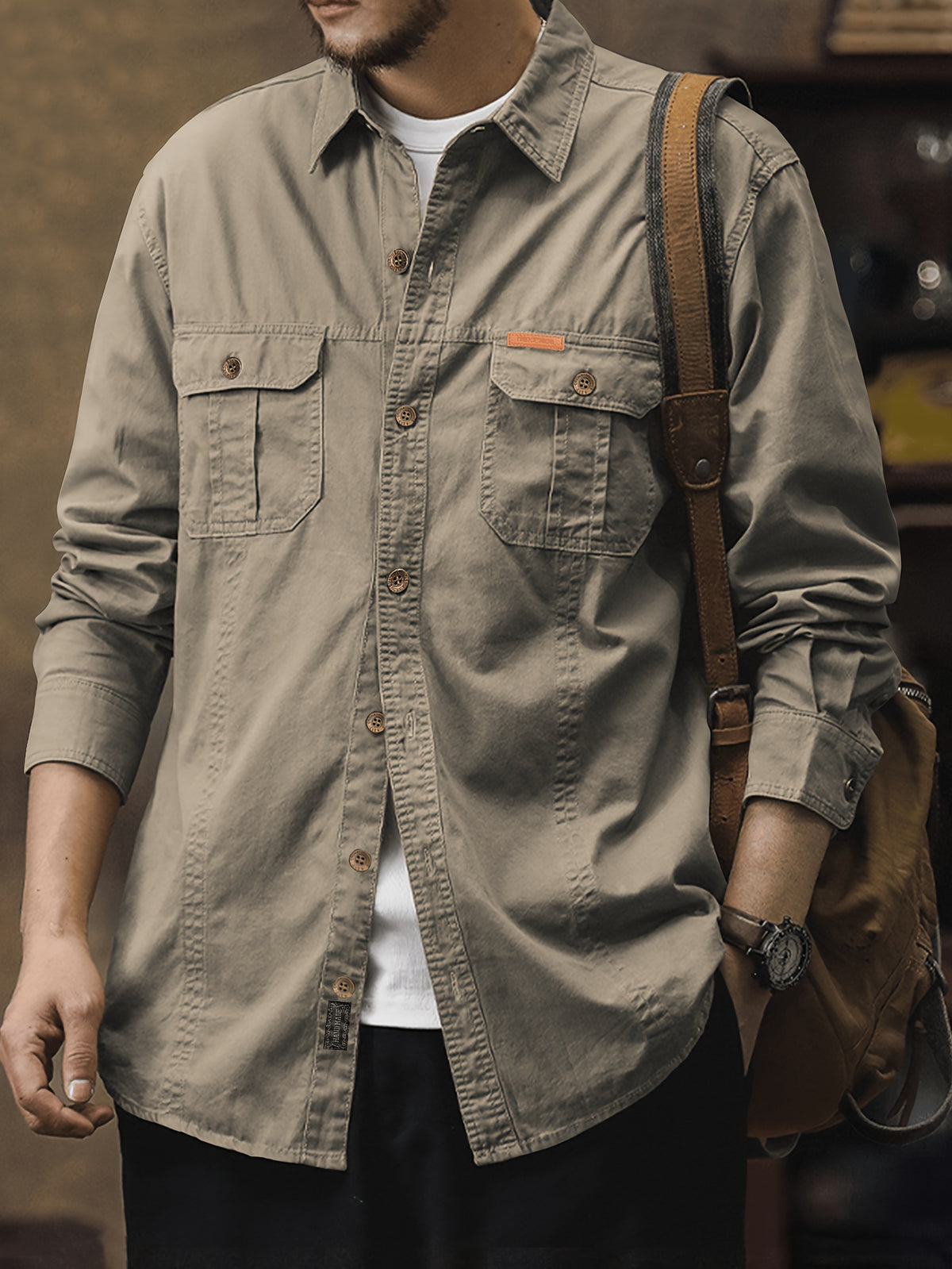 Men's Workwear Long-Sleeve Shirt, American-Style Spring/Autumn Multi-Pocket Casual Lightweight Outdoor Turn- Collar Shirt for Young and Middle-Aged Men - Camel