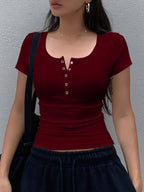Women's Solid Color Low-Neck Short Sleeve - Burgundy