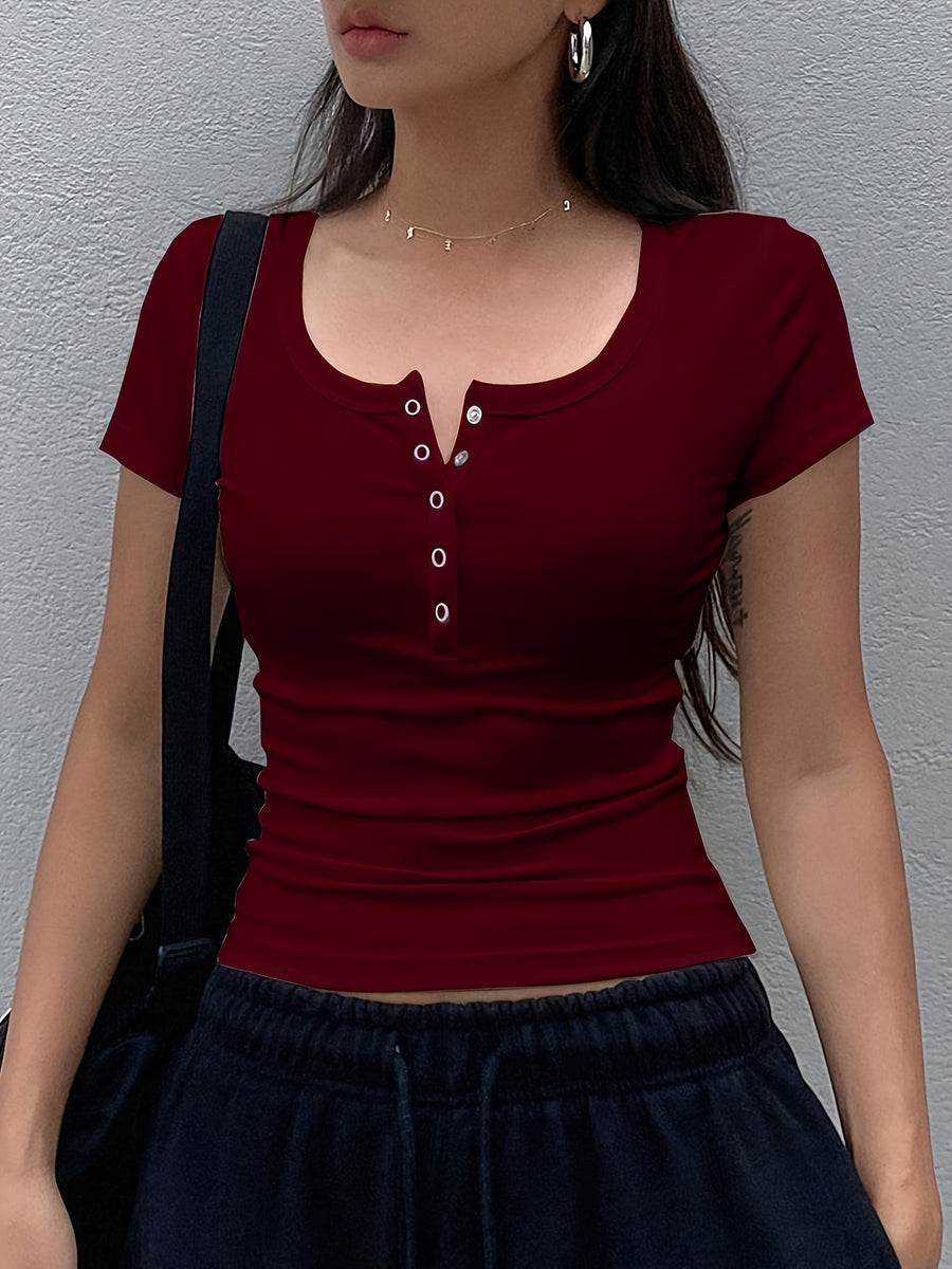 Women's Solid Color Low-Neck Short Sleeve - Burgundy
