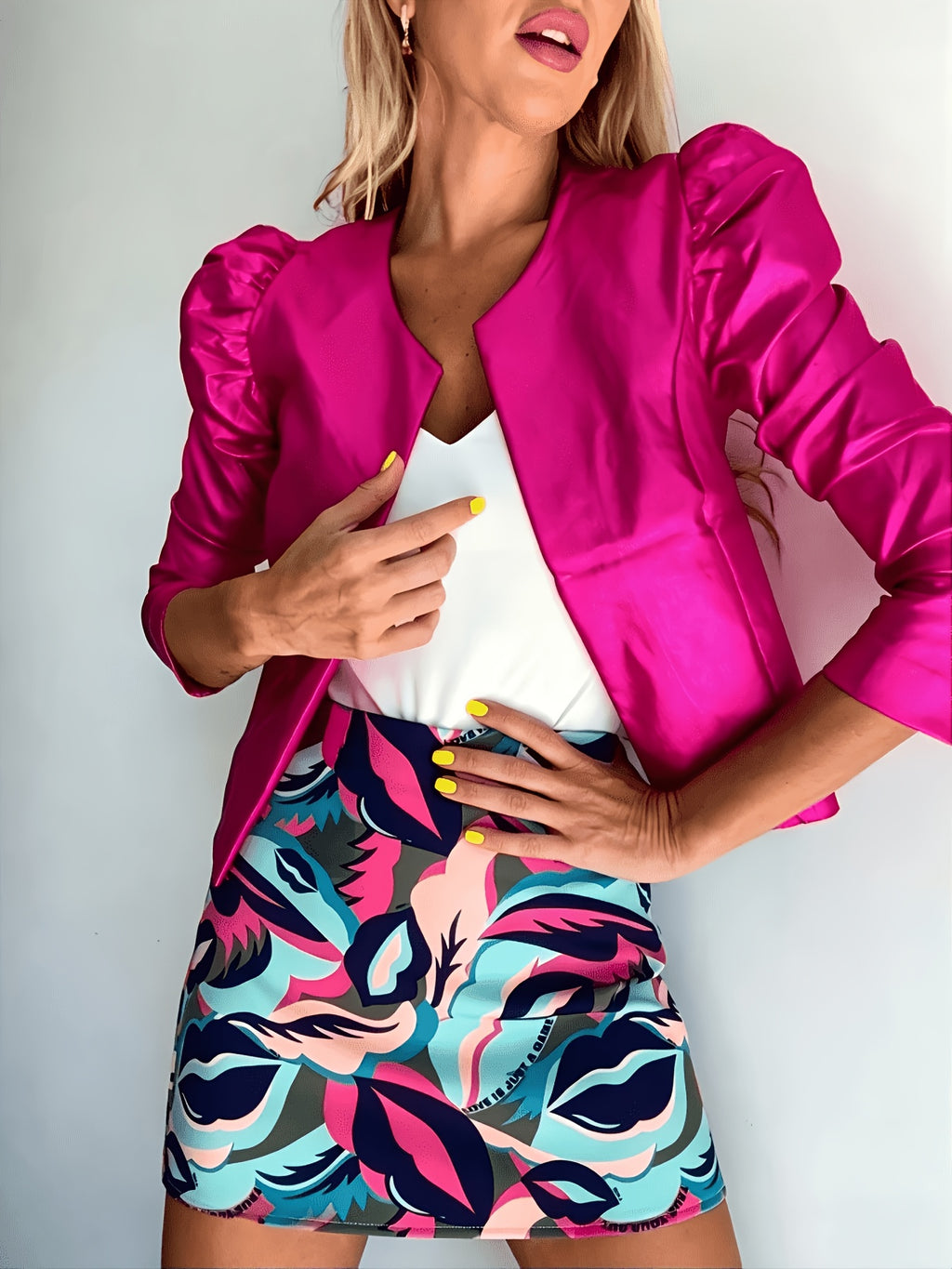 2026 Spring/Autumn New Arrival Glossy Rose Red Puff Sleeve Cropped Jacket, Open Front Buttonless Slim-Fit Short Blazer, Party Outerwear Top YYTT - Rose Red