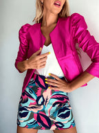 2026 Spring/Autumn New Arrival Glossy Rose Red Puff Sleeve Cropped Jacket, Open Front Buttonless Slim-Fit Short Blazer, Party Outerwear Top YYTT - Rose Red