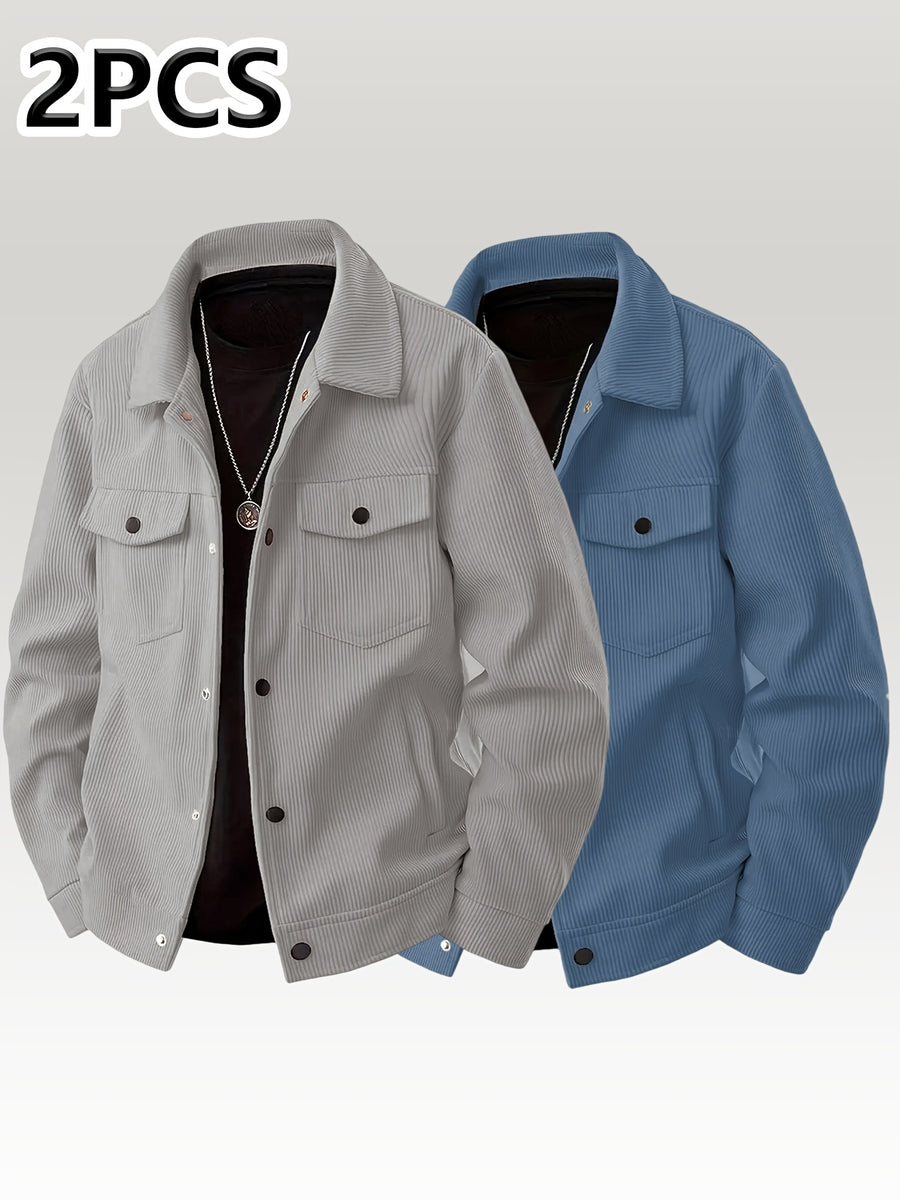 [Pearson OBM] Autumn Winter Men'S Corduroy Solid Color Casual Fashion Multi-Pocket Button-Up Jacket 2pcs Set - Grey+Blue