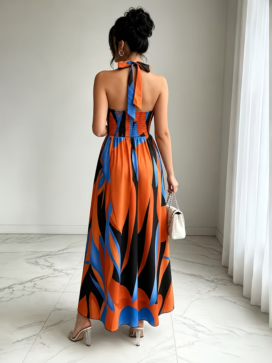 New French-Style Casual Elegant Sexy High-End Design V-Neck Backless Spaghetti Strap Waist-Revealing A-Line Slit Sleeveless Long Dress, Red and Green Floral Print, High-Quality Exquisite Women's Clothing - Blue