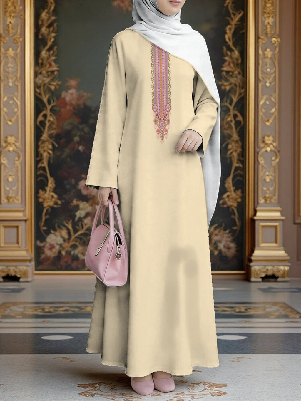 Women'S Hot Middle Eastern Style Muslim Elegant Robe, Beige Apricot with Vertical Stripes Printed Long Dress, Easy Straight Long Sleeve Cut, Home And Outing Wear, Excellent Drape Non- Craft - Mixed colors