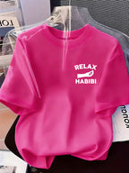 Front And Back Printed Women'S Fashion Base Print T-Shirt, Soft And Versatile, Casual Style Printed Pattern with RELAX HABIBI Lettering And Hand Gesture Design Printed Short Sleeve T-Shirt, Suitable for Casual Wear, Fashion All-Season Top - Rose Red