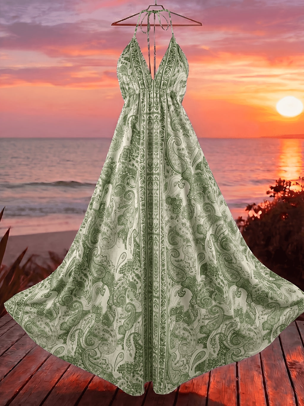 Women'S Summer Vacation Style Printed Backless Drawstring Dress, Perfect for Parties, Birthdays, And Dates - Green