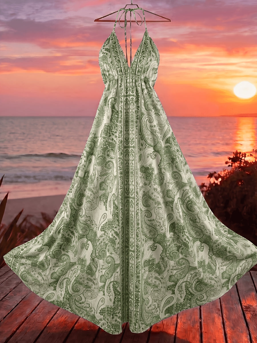 Women'S Summer Vacation Style Printed Backless Drawstring Dress, Perfect for Parties, Birthdays, And Dates - Green