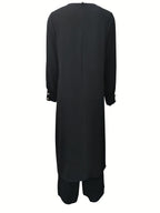 Ramadan, Women's Front-Button Long Sleeve Slit Dress & Pants Casual Arabic Style 2pcs Set, Only Clothes, Without Headscarf - Black