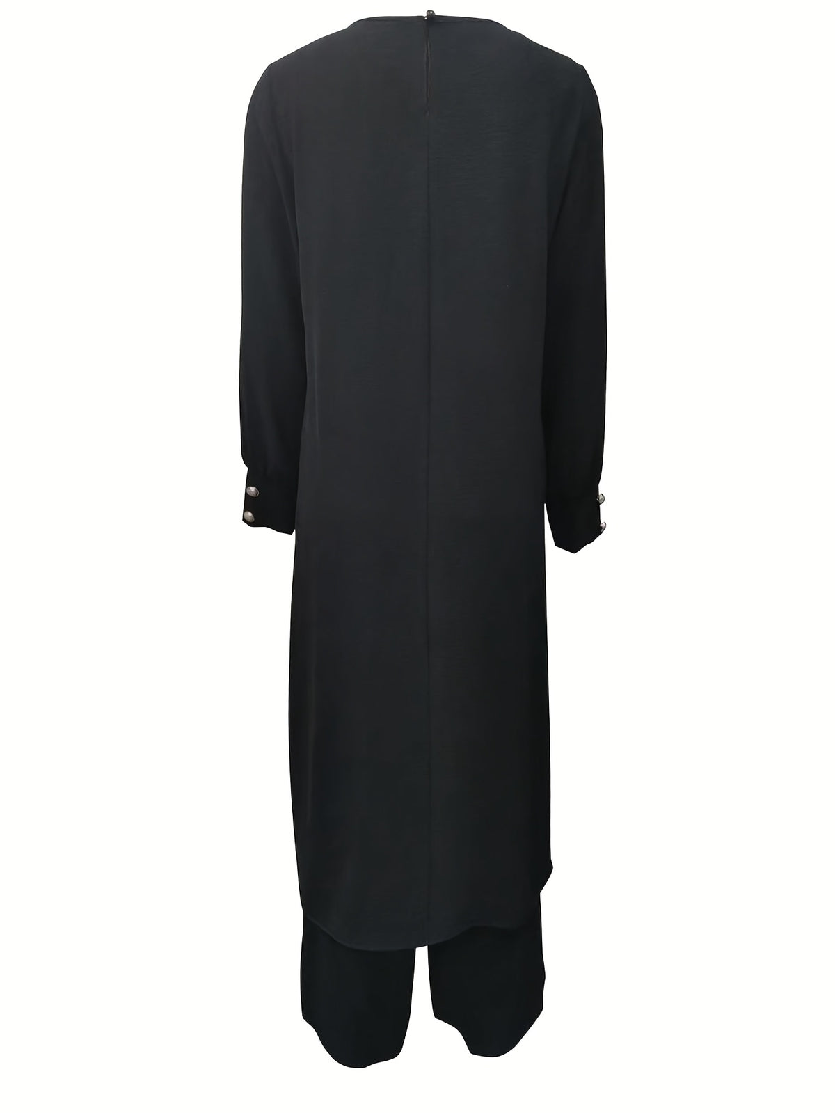 Ramadan, Women's Front-Button Long Sleeve Slit Dress & Pants Casual Arabic Style 2pcs Set, Only Clothes, Without Headscarf - Black