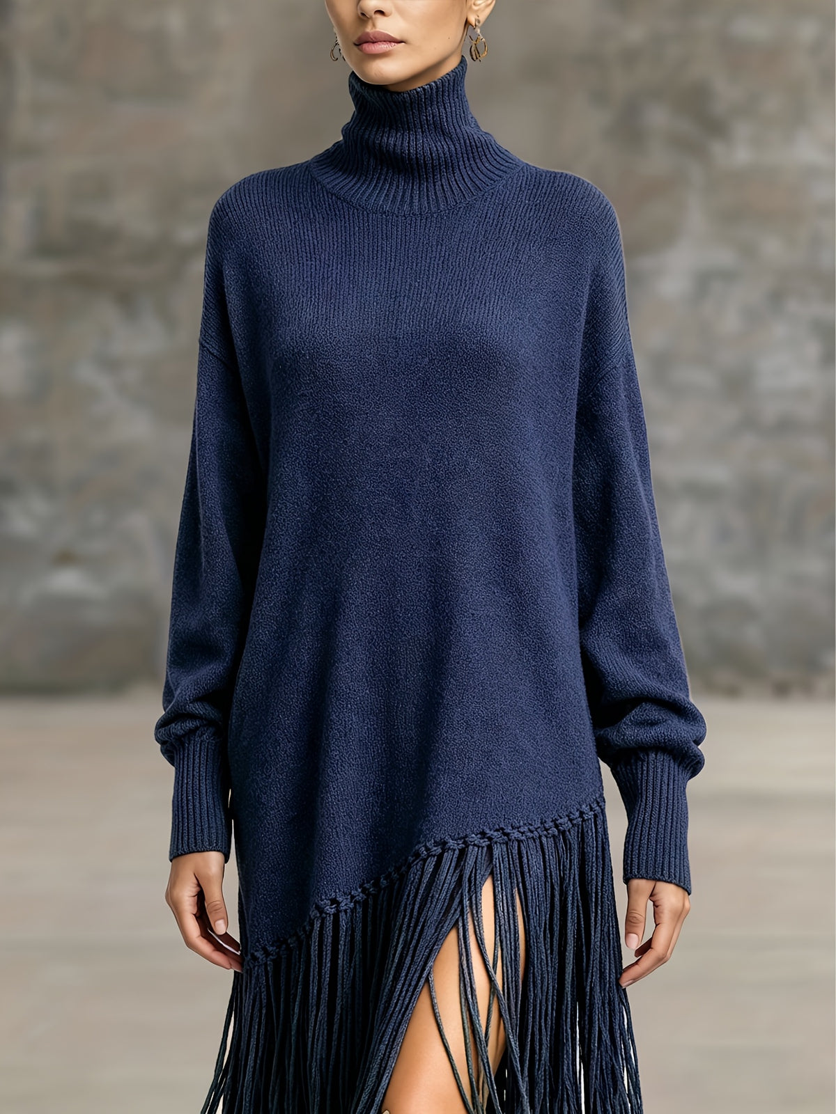 Women's Autumn New Arrival Bohemian Elegant Fringe Patchwork Hem Design St. Patrick's Day Natural Style Easter Atmosphere Vacation Knee-Length Dress - Navy Color