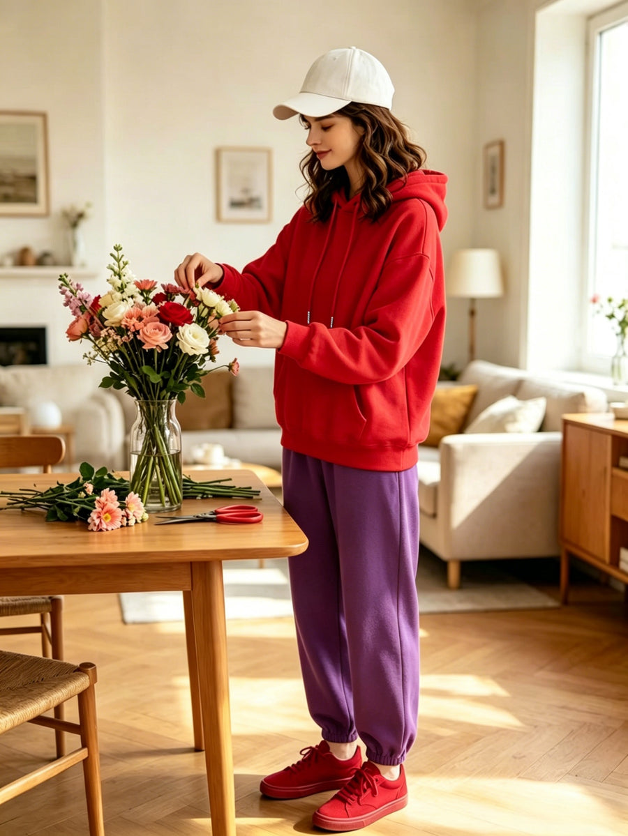 Lazy Style Loose Sweatshirt and Sweatpants Set, Long Sleeve Hooded Top and Jogger Pants, Daily Running Sportswear - Red hoodie + purple pants