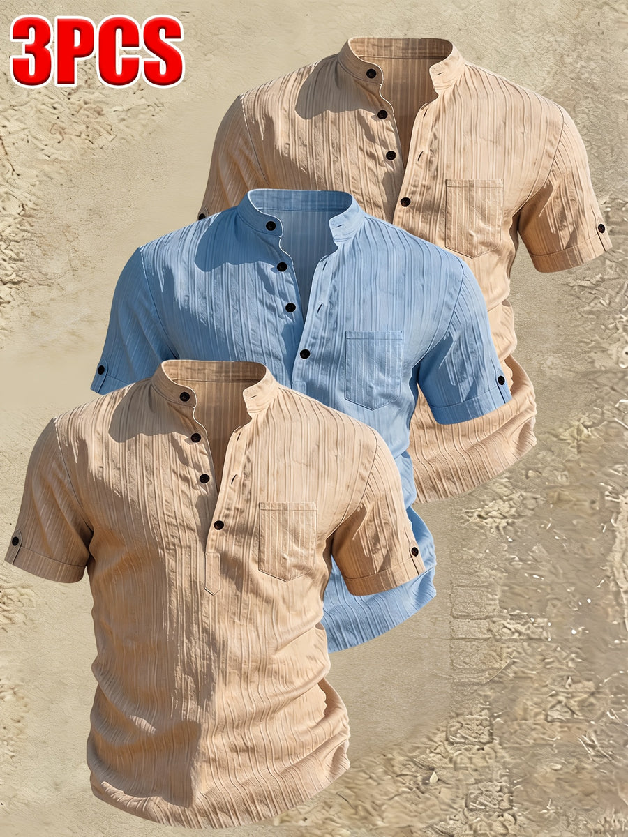 Men's Stand Collar Henley Short Sleeve Shirt 3pcs, Vertical Stripe Texture Half-Button with Pocket Top, Summer Breathable Casual Vacation 3pcs Versatile Men's Shirt Set - Khaki + Khaki + Blue