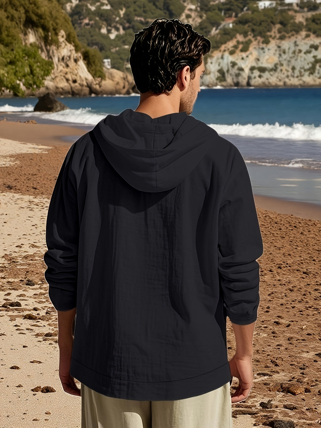 Men'S Casual Fashion Solid Color Long Sleeve All-Match Sweatshirt - Black