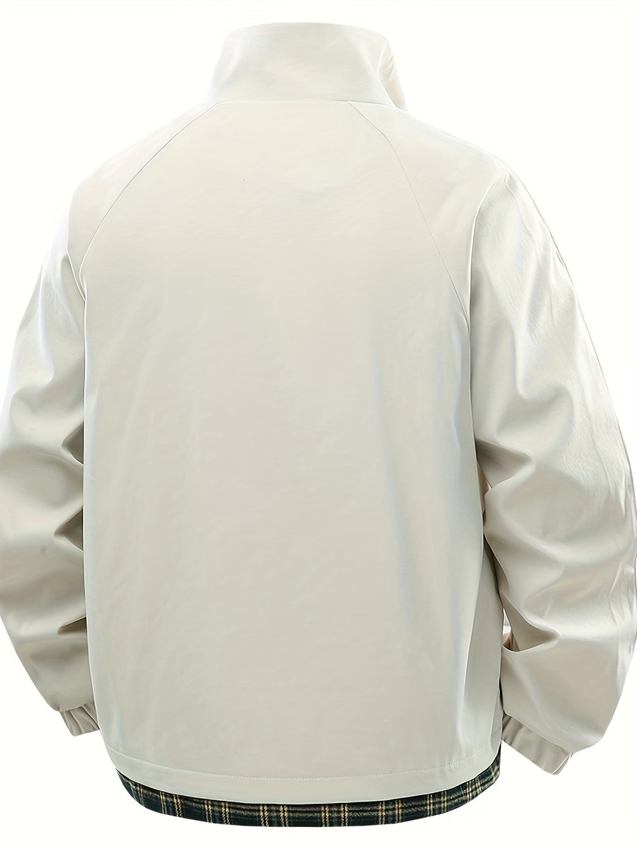 Spring New Men'S Loose Trendy Brand Jacket American Street Thin Lapel Solid Color Woven Plaid Tie-Dye Fake Two-Piece Jacket Coat - Pearl White