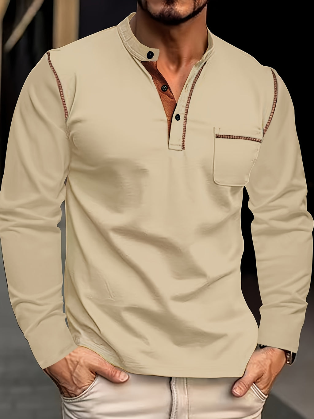 [JOSHIMAI OBM] 4pcs Men'S Long Sleeve Henley Shirts, Soft Comfortable Skin-Friendly Fabric, Lightweight Breathable Easy Care Stand Collar 3-Button Placket with Chest Pocket Detail, Solid Color Casual Top, Versatile for Office Commute - Khaki + Black + Navy Blue + Burgundy