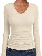 Women'S Fashion Ribbed Sweater 3pcs Set, Slim Fit Basic Style Comfortable V-Neck Long Sleeve Body Suit Top - Beige+White+Black