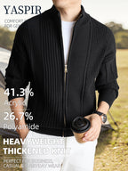 Autumn Winter Men'S Solid Color High Neck Cardigan, Solid Color Striped Design, Casual Elegant Old Money Style, Heavyweight Thick Warm Cold Resistant, Suitable for Daily Casual Sports Outdoor Camping Fishing Wear, Ideal Father'S Day Gift - Black
