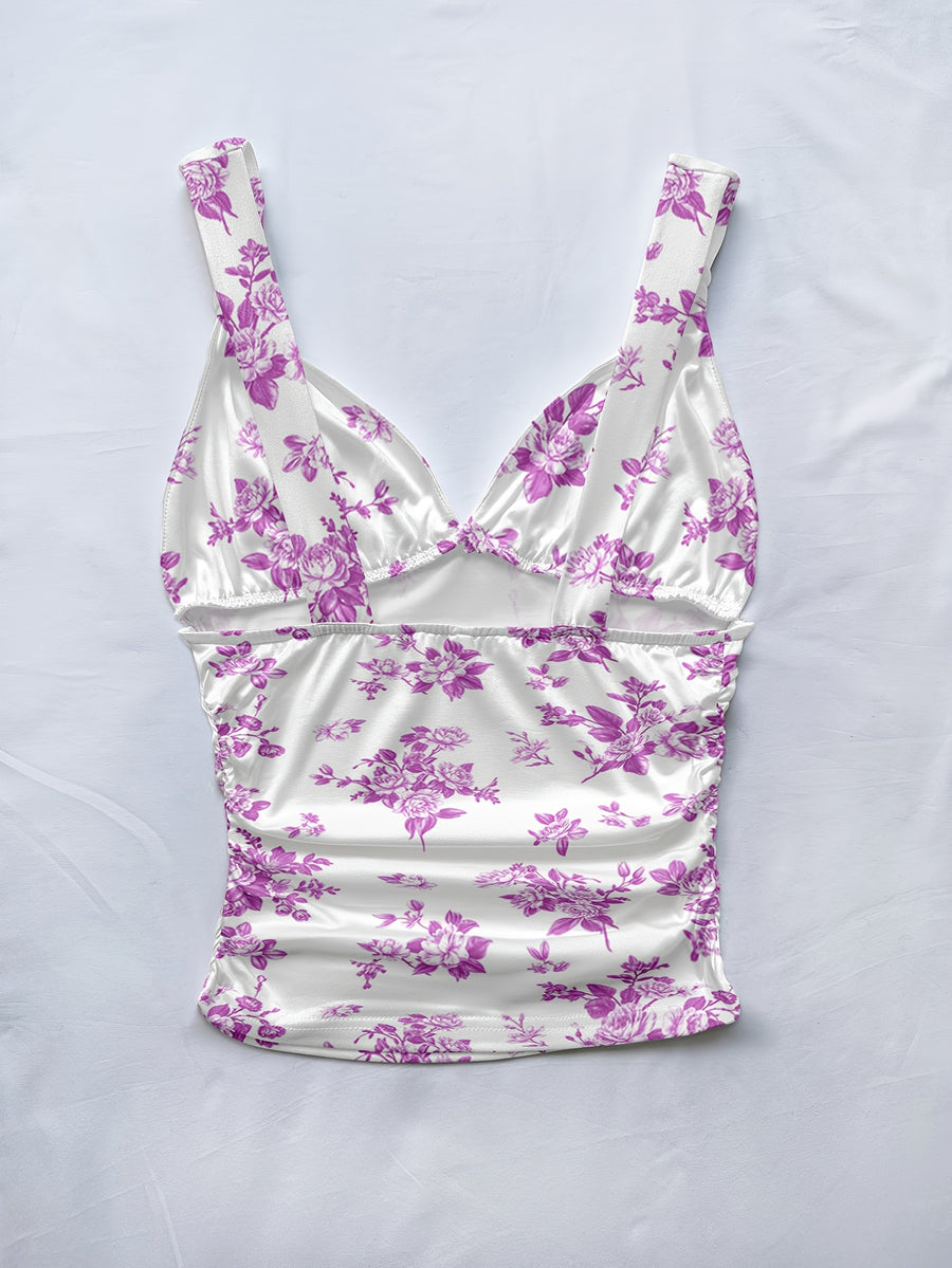 Women's Spring/summer New Hot Beach Tropical Vacation Outfits Casual Floral Slim Fit Bustier Halter Top - Violet