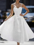 Women's Fashionable Exquisite Daily Commute Attire Women's Elegant Polka Dot Oversized A-line Back Smocked Spaghetti Suspender Dress Tailored Waist-Cinched Sexy Low-cut Bridesmaid Dress Women's - Ivory White